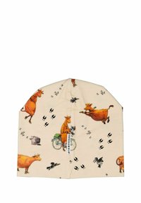 Puuvillane beanie heledast taustast, millel on värvilised lehmaillustratsioonid, jalgratast ja jalajälgi; pehme tekstuur, lahtine disain.