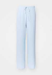 Pantalons décontractés en bleu clair, à jambes larges, fabriqués en tissu doux. Présentent une taille élastique avec un cordon de serrage pour un ajustement réglable. Sans motifs.