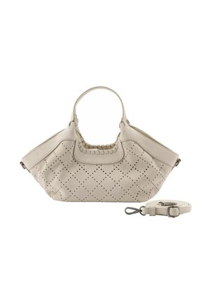 Beige Handtasche mit diamantförmigem Perforationsmuster, geflochtenem Griffdetail und abnehmbarem, passenden Schulterriemen mit Metallverschlüssen.