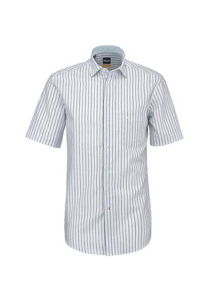 Kurzärmeliges Hemd zum Knöpfen mit vertikalen blau-weißen Streifen, einer Brusttasche vorne und einem Standardkragen.