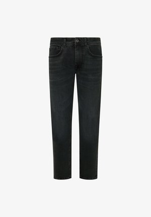 Mustmustest mustraamid mustrite lõikega, viie taskuga ja puhta viimistlusega. Kangas näitab kerget pleekimist ja omab siledat tekstuuri.