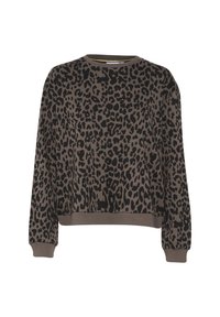 Sweatshirt en imprimé léopard marron et noir, avec un col rond, des manches longues et un ourlet ajusté. Tissu doux avec une apparence texturée.