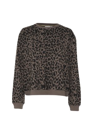 Leopardenmuster Sweatshirt in Braun und Schwarz, mit Rundhals, langen Ärmeln und einem taillierten Saum. Weicher Stoff mit strukturiertem Erscheinungsbild.