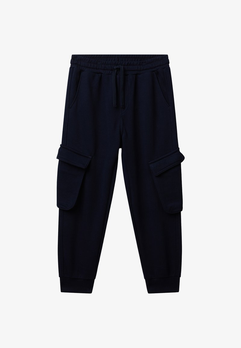 Námořnické modré cargo tepláky vyrobené z měkké bavlny, se strečovým pasem, šňůrkou na stažení, bočními kapsami a manžetami na spodním lemu.