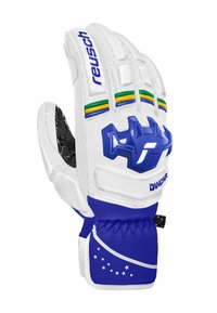 White goalkeeper glove with textured grip, blue accents, and yellow-green stripes. Features a padded blue wristband with star pattern.