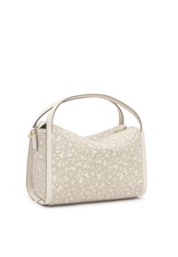 Beżowa torebka z teksturowanej tkaniny z wirującym wzorem, z jedną górną rączką i zamkiem błyskawicznym. Dodatki w jasnym kolorze.