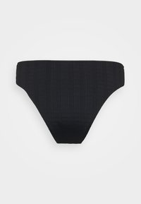 Black ribbed bikini bottom with a low-rise design, featuring subtle texture and smooth edges. No additional patterns or hardware visible.