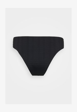 Mustad ribast bikiinipüksid madala vöökohaga, mis on kaunistatud peene tekstuuriga ja siledate servadega. Ei mingeid lisamustreid ega konksusid.