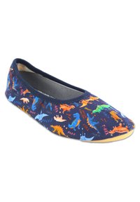 Dunkelblaue Hausschuhe mit Dinosauriermustern in Orange, Blau und Grün. Weiches Obermaterial und flexible Sohle für Komfort und einfaches Tragen.