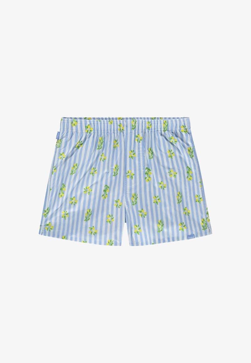 Boxer rayé bleu clair et blanc avec motif citron jaune et feuille verte, ceinture élastique et petite étiquette de marque bleue.