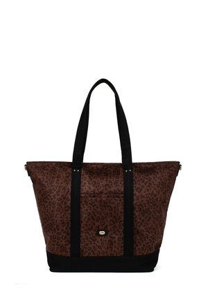 Borsa a spalla con stampa leopardata marrone, con manici e base neri a contrasto; chiusura con zip, tasca esterna e dettagli in oro sottile.