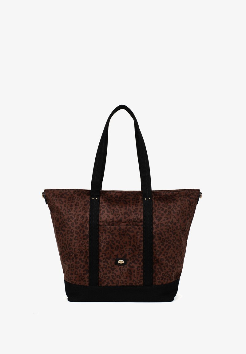 Brązowa torba tote w cętki lamparta z czarnymi kontrastowymi paskami i podstawą; zamek błyskawiczny, zewnętrzna kieszeń oraz subtelny złoty detal.