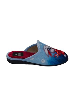Zapatilla infantil azul con un conejo de dibujos animados, bufanda roja con lunares y copos de nieve blancos, forrada con tela de peluche roja.