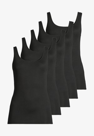Cinque top in cotone neri senza maniche disposti in una fila sfalsata su uno sfondo bianco.