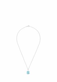 Collana in argento con ciondolo a forma rotonda in pietra preziosa azzurro-acquamarina, di forma sfaccettata, dalla superficie liscia e dal design minimalista.