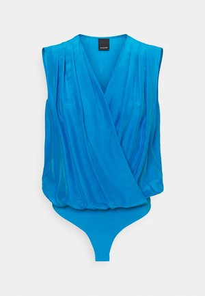 Blaues ärmelloses Bodysuit mit Wickeldesign, aus glattem Stoff gefertigt, der dezente Drapierungsdetails und einen Tanga-Schnitt aufweist.