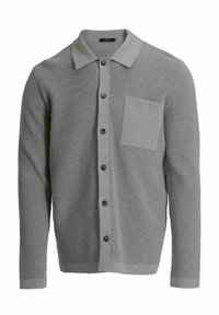 Gray ribbed cardigan with a collared neckline, button front, and a chest pocket. Features textured fabric and black buttons.