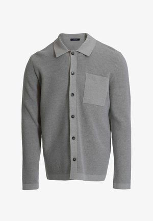 Gray ribbed cardigan with a collared neckline, button front, and a chest pocket. Features textured fabric and black buttons.