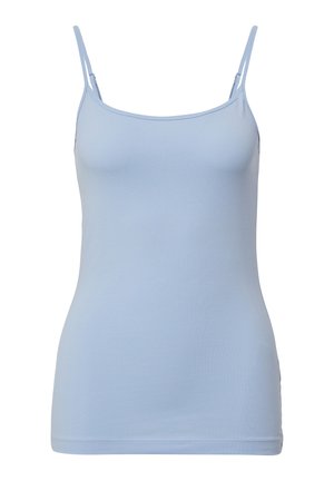 Lichtblauwe, getailleerde tanktop met dunne spaghettibandjes, gemaakt van zachte, rekbare stof. Glad van textuur met een eenvoudig, minimaal ontwerp.