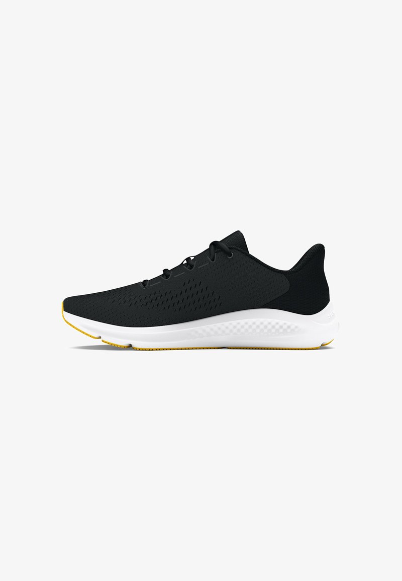 Black athletic shoes with a breathable mesh upper, padded collar, white midsole, and a yellow rubber outsole. Features a minimal design.