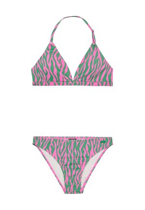 Ensemble de bikini rose et vert comprenant un haut triangulaire avec des bretelles réglables et un bas à taille haute, tous deux ornés d'un motif zèbre.