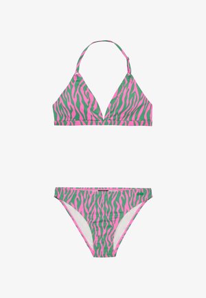Roze en groene bikini set met een driehoekig bovenstuk met verstelbare bandjes en een hoog uitgesneden onderstuk, beide versierd met een zebra-strepen patroon.