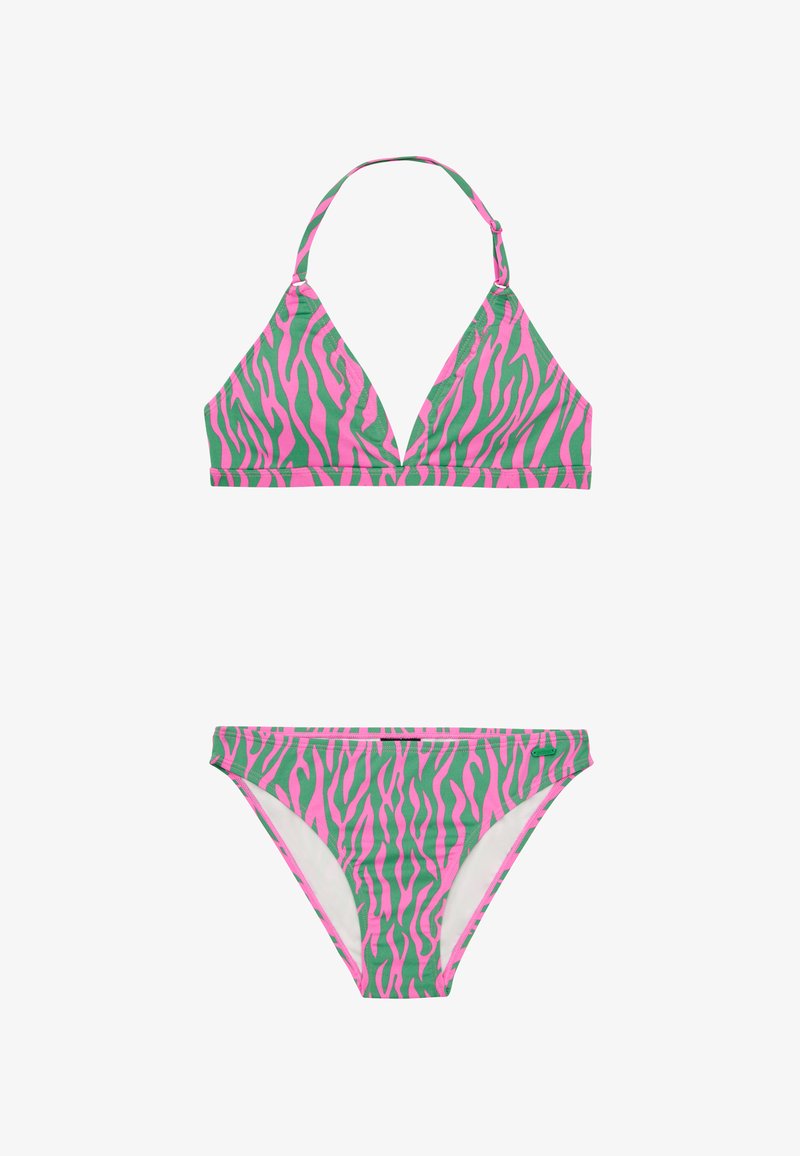 Completo bikini rosa e verde con triangolo regolabile e slip a vita alta, entrambi decorati con un motivo a strisce zebrate.