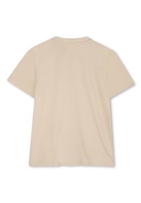 T-shirt beige à manches courtes avec un col rond. Texture lisse, design simple et ourlet net. Pas de motifs ni d'accents visibles.