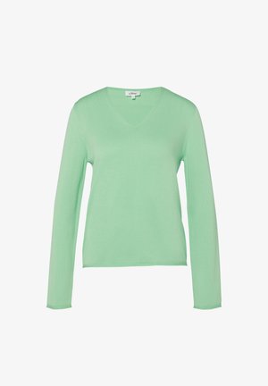 Pull vert clair à col en V à manches longues, coupe ajustée et texture lisse, présenté sur un fond blanc.