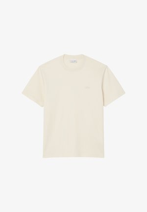 Maglietta di cotone color crema con maniche corte, scollatura rotonda e un delicato logo ricamato sul petto. Tessuto liscio, vestibilità classica.