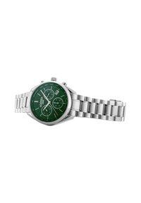 Orologio in acciaio inox argentato con quadrante verde, funzione cronografo, indicatori delle ore argentati e bracciale a maglia metallica.