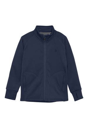 Giacca in pile blu navy con zip full-length, collo alto e maniche raglan. Presenta tasche laterali e maniche con risvolto per un maggiore caldo.