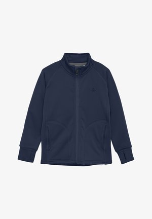 Navy-Fleecejacke mit vollem Reißverschluss, hohem Kragen und Raglanärmeln. Verfügt über Seitentaschen und umgeschlagene Ärmel für zusätzliche Wärme.
