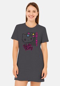 Gray cotton t-shirt dress featuring a Hello Kitty graphic with colorful stars and Japanese text, short sleeves, and a loose fit.