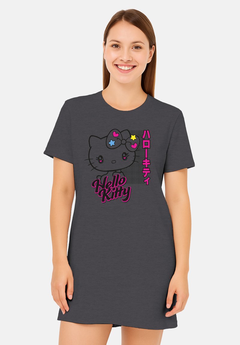 Gray cotton t-shirt dress featuring a Hello Kitty graphic with colorful stars and Japanese text, short sleeves, and a loose fit.