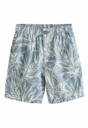 Mėlyni kasdieniai šortai su baltais tropinių lapų ir gėlių raštais, elastine juosmens juosta, priekyje segami sagtimi ir šoninėmis kišenėmis.