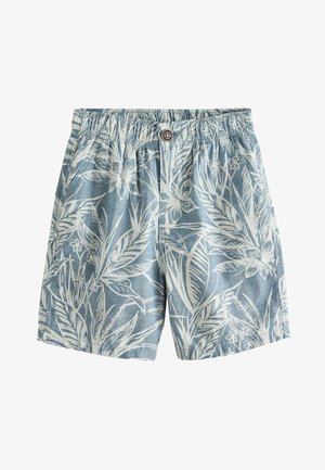 Blaue lässige Shorts mit weißem tropischem Blatt- und Blumenmuster, elastischem Bund, vorderem Knopf und seitlichen Taschen.
