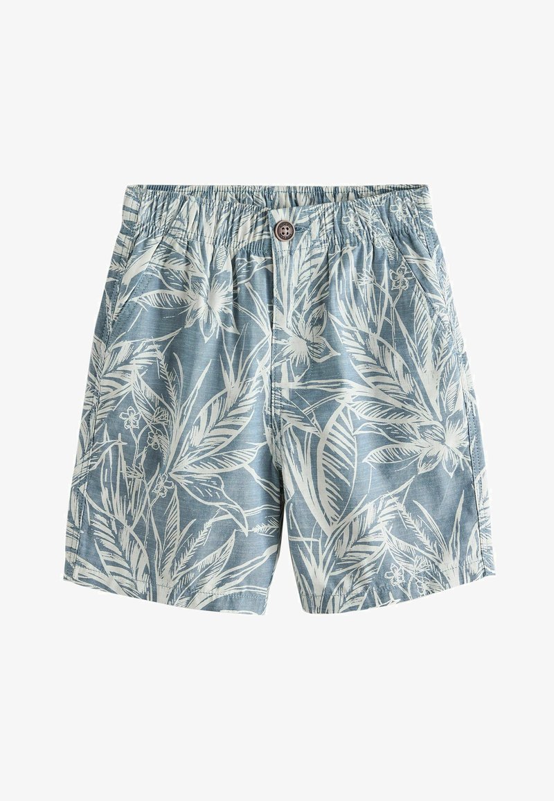 Shorts décontractés bleus avec imprimé blanc de feuilles et fleurs tropicales, taille élastique, bouton à l'avant et poches latérales.