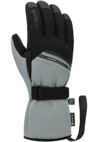 Guante de invierno negro y gris claro con un diseño de softshell, punteras reforzadas, correa de muñeca ajustable y etiqueta GORE-TEX para impermeabilidad.
