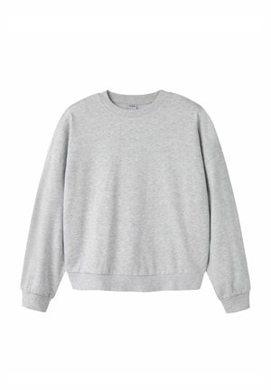 Gray sweatshirt with a crew neck, long sleeves, and ribbed cuffs. Made of soft fabric, displays a minimal texture without patterns.