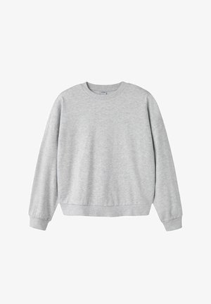Gray sweatshirt with a crew neck, long sleeves, and ribbed cuffs. Made of soft fabric, displays a minimal texture without patterns.