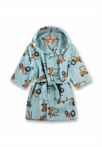 Lichtblauwe kinderbadjas met capuchon, oranje strikriem en patronen van tractoren in oranje en marineblauw, gemaakt van een textuurstof.