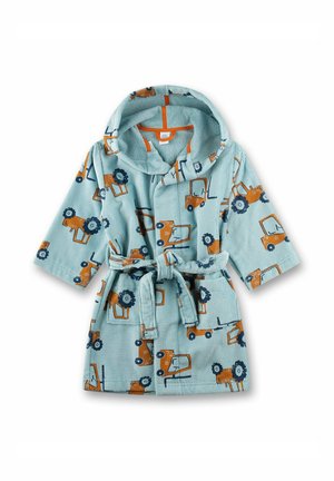 Helles blaues Kinderbademantel mit Kapuze, orangefarbener Bindegürtel und Mustern von Traktoren in Orange und Marine, aus strukturiertem Stoff.