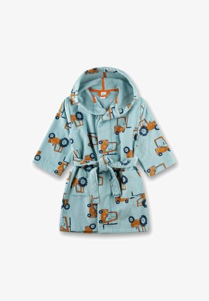 Helles blaues Kinderbademantel mit Kapuze, orangefarbener Bindegürtel und Mustern von Traktoren in Orange und Marine, aus strukturiertem Stoff.