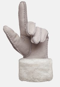 Beżowa zamszowa rękawiczka z podniesionym palcem wskazującym, z miękkim futrzanym mankietem na nadgarstku i kontrastującymi detalami w szyciu na szwach.