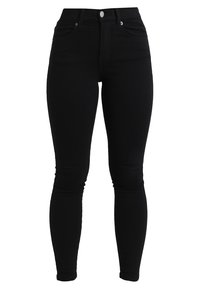Schwarze Skinny-Jeans aus dehnbarem Denim, mit hoher Taille, Fünf-Taschen-Design und frontalem Knopf mit Reißverschluss. Glatte Textur.