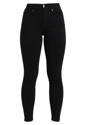 Black skinny jeans made from stretch denim, featuring a high waist, five-pocket design, and front button with zipper fly. Smooth texture.