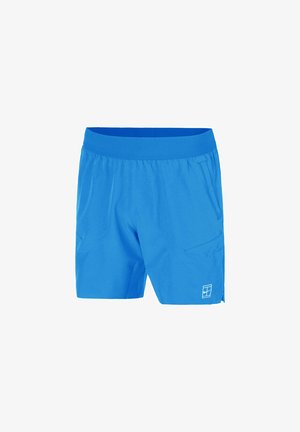 Pantaloni blu con vita elasticizzata, due tasche laterali, realizzati in materiale leggero, con un piccolo logo sulla parte anteriore.