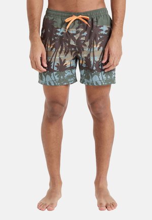 Swim shorts with a multicolor palm tree pattern in brown, green, and blue. Features an elastic waistband with an orange drawstring.