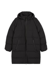 Schwarze gepolsterte Jacke mit abnehmbarem Kapuzen, frontalem Reißverschluss und zwei seitlichen Reißverschlusstaschen. Glatte Textur mit boxy Silhouette.